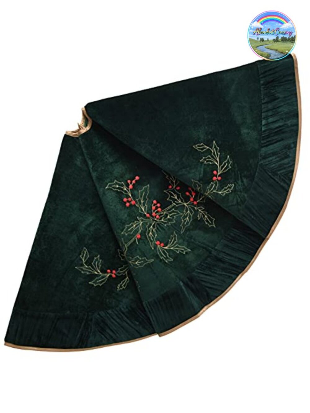 Holly Leaf Embroidered Velvet Christmas Tree Skirt 50" Pleated Border